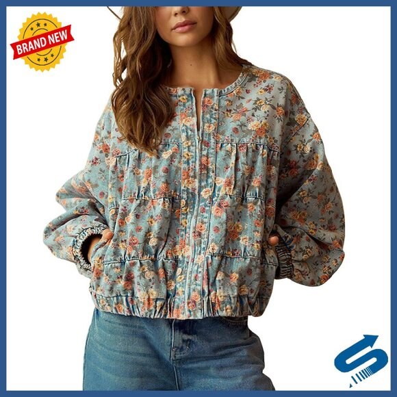 Oversized Denim Bomber Jacket Floral Ruffled Design Boyfriend Fit